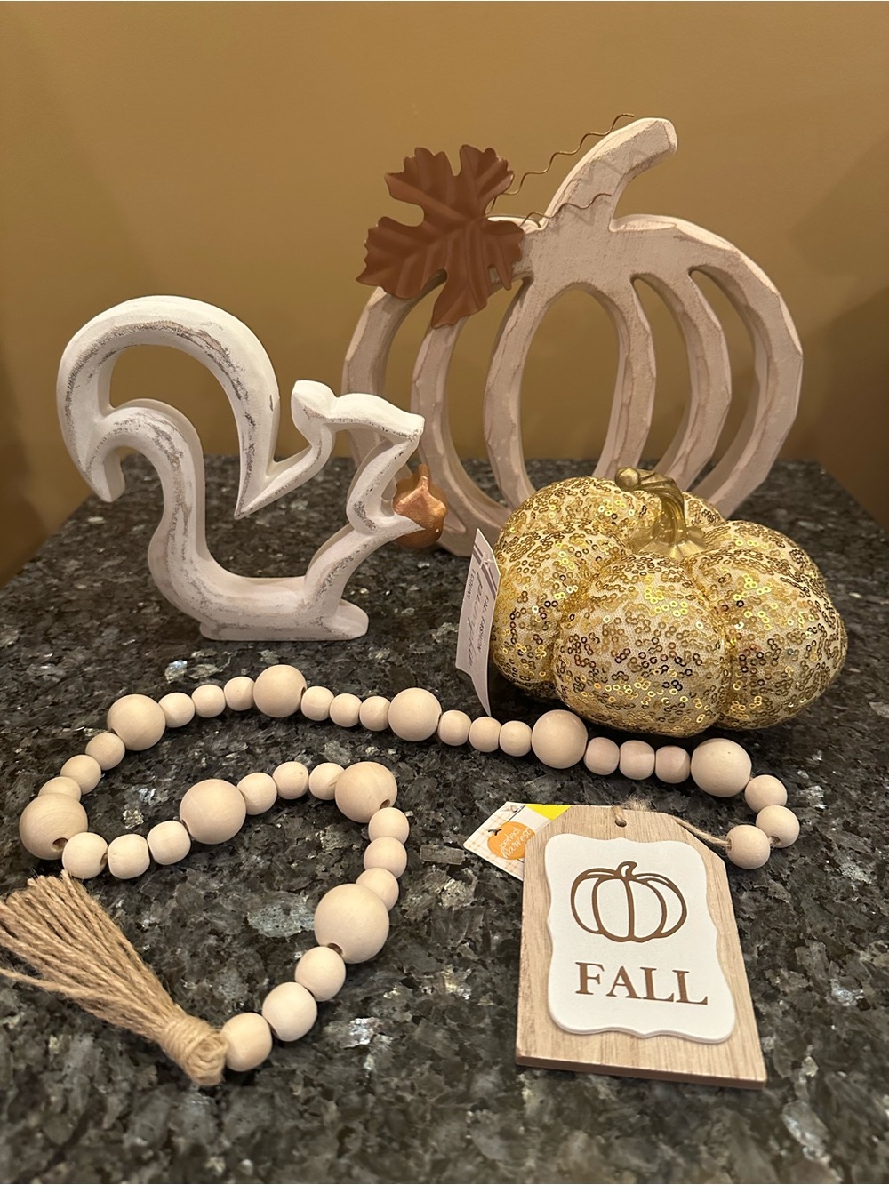 Fall Decorative Pumpkin Squirrel Bead Garland Home Accent Set - White, Gold NWT